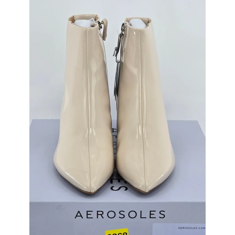 Aerosoles Enoch Ankle Boots Womens 9.5W Stone Patent Pointed Toe Block Heel NEW